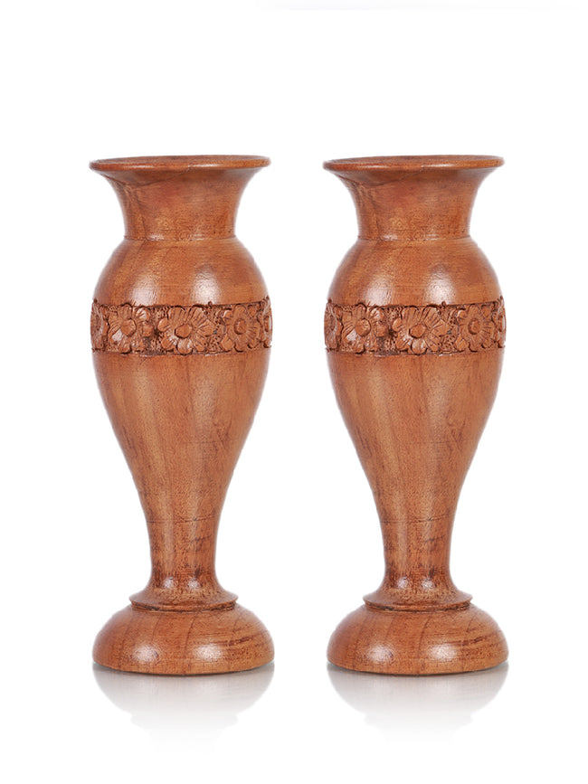Handcrafted Walnut Wood Flower Vase - Floral Carved Elegance