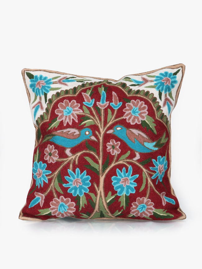 Ethereal Aviary: Kashmiri Chain Stitch Hand-Embroidered Bird Cushion Cover