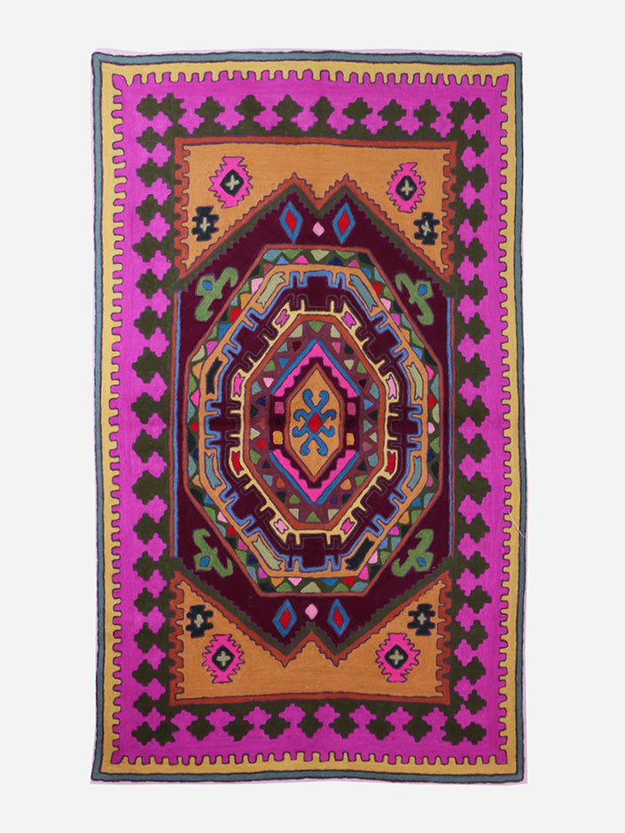 Vibrant Geometric Wool Kashmiri  Chain Stitch Rug Handmade