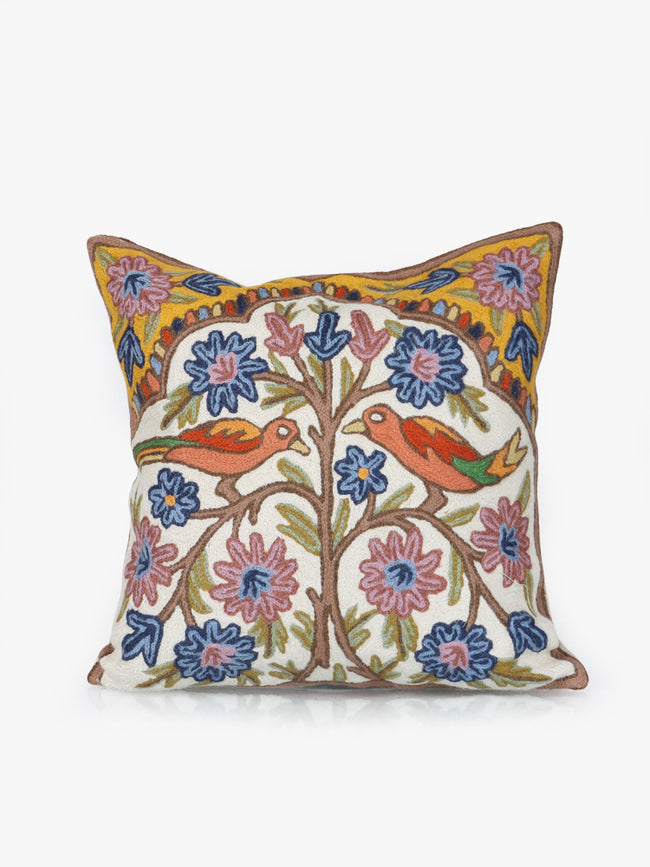 Kashmiri Handcrafted Chain Stitch Bird Embroidered Cushion Cover | Aviary Melody