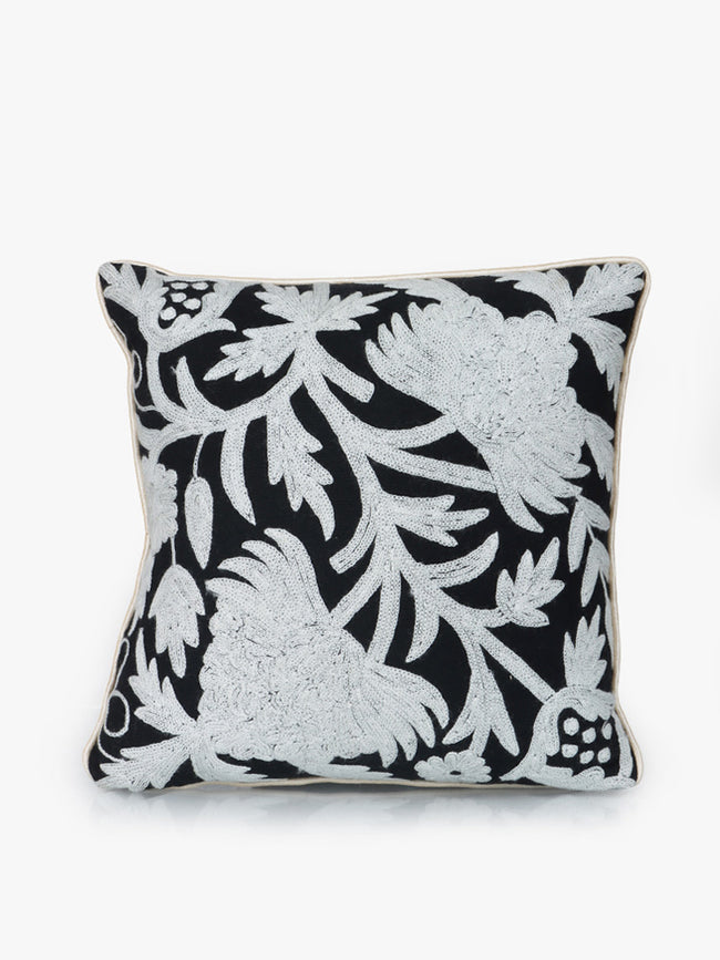 Elegant Floral Contrast Handcrafted Kashmiri Chain Stitch Cushion Cover