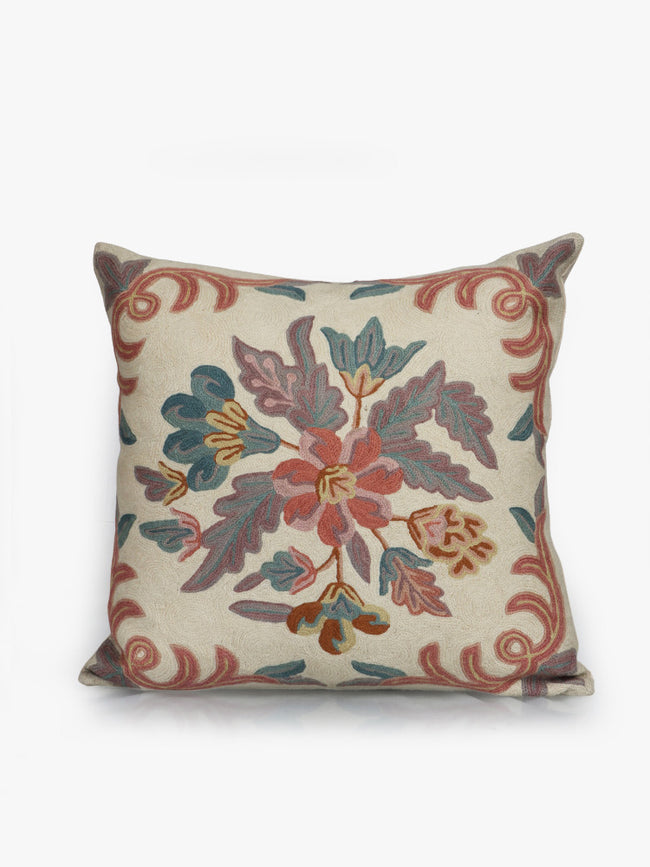 Elegant Kashmiri Crewel Embroidery Serenity Cushion Cover in Soothing Sage