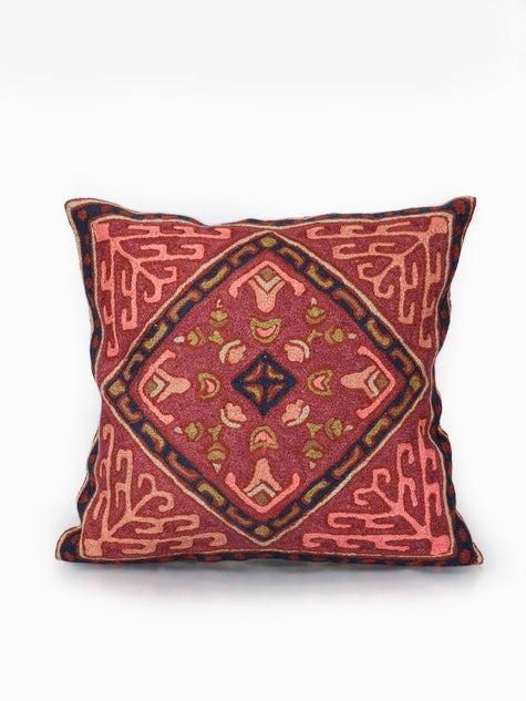Handmade Chain Stitch Embroidered Cushion Cover Vintage-Inspired Terracotta