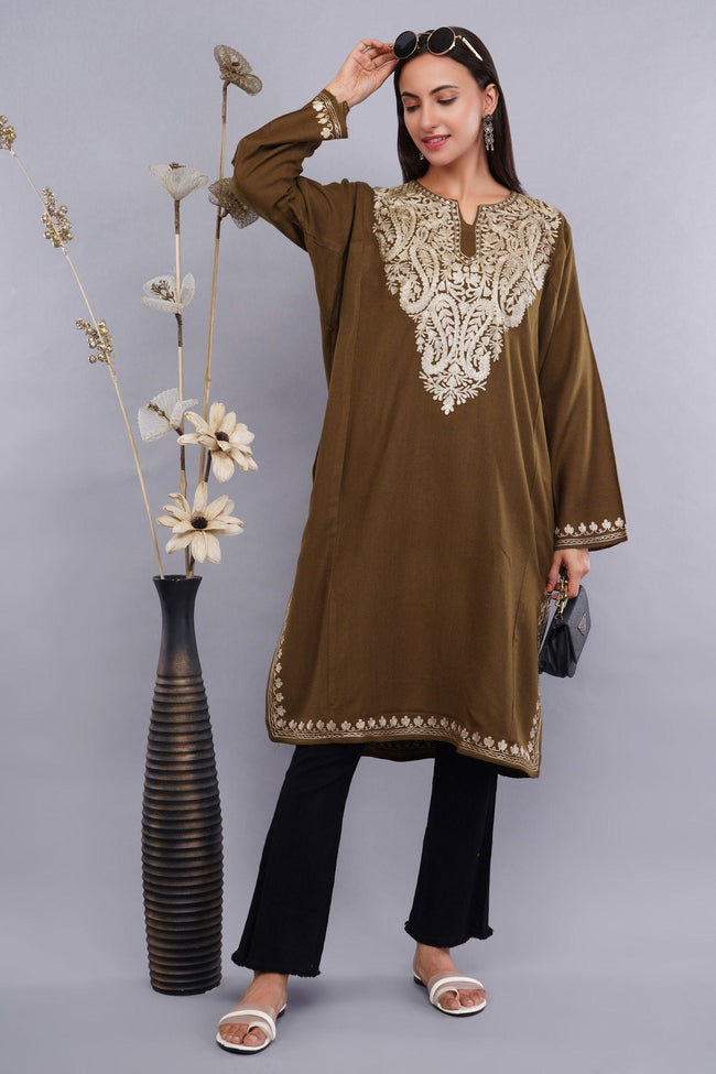 Brown Base Zari Metallic Gold Embroidered Kashmiri Pheran - Kashmiri Pheran
