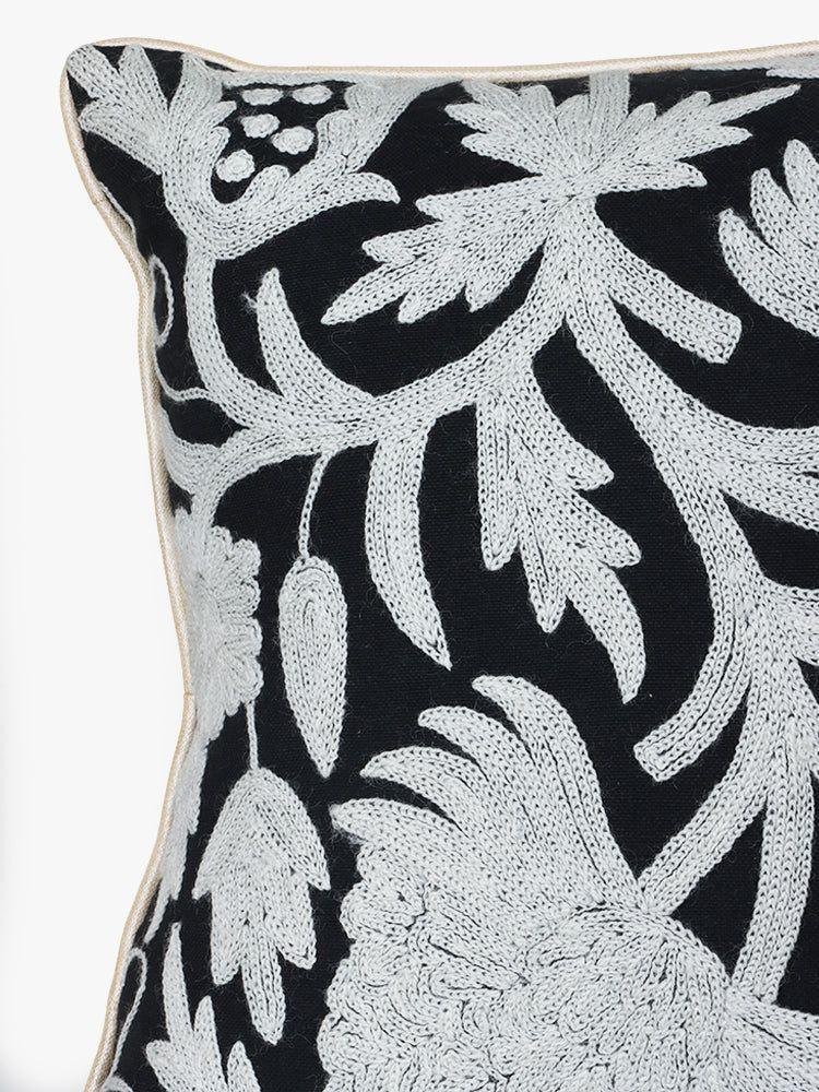 Elegant Floral Contrast Handcrafted Kashmiri Chain Stitch Cushion Cover - Hamiast