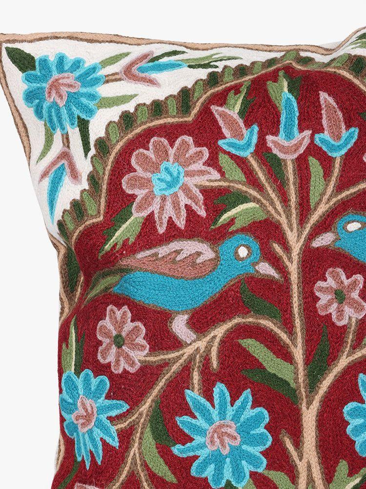 Ethereal Aviary: Kashmiri Chain Stitch Hand-Embroidered Bird Cushion Cover - Hamiast