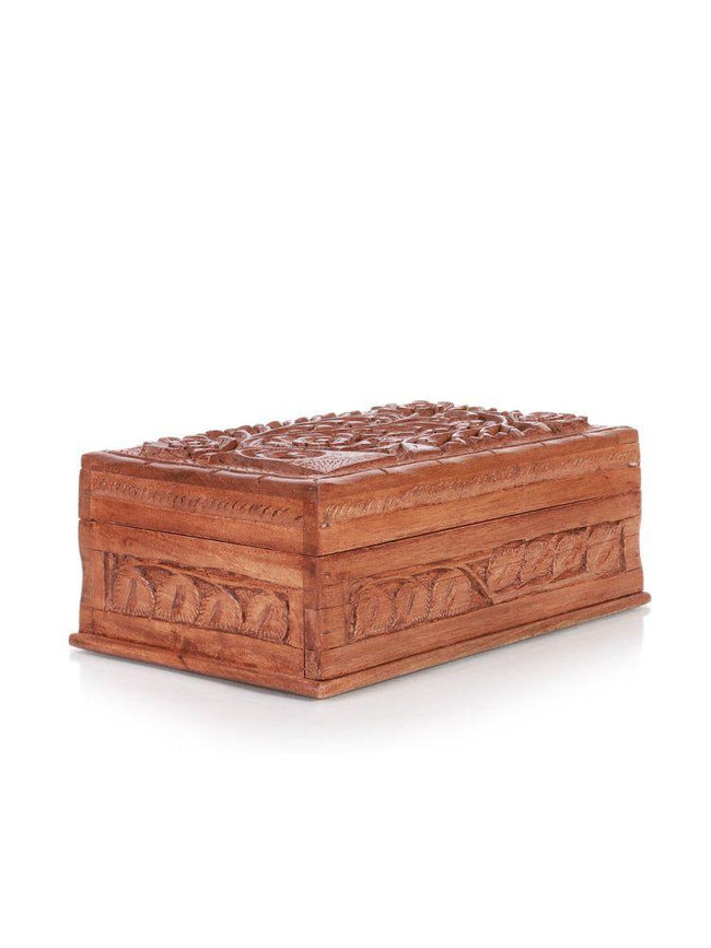 Floral Engraved Walnut Wood Jewelry Box with Compartments - Hamiast