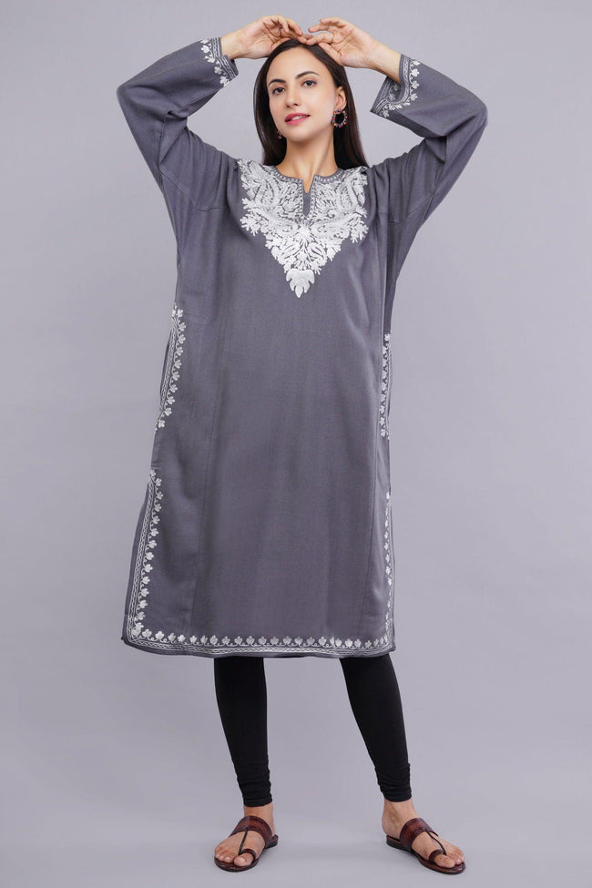 Grey Zari Embroidered Fine Cashmilon Pheran - Kashmiri Pheran