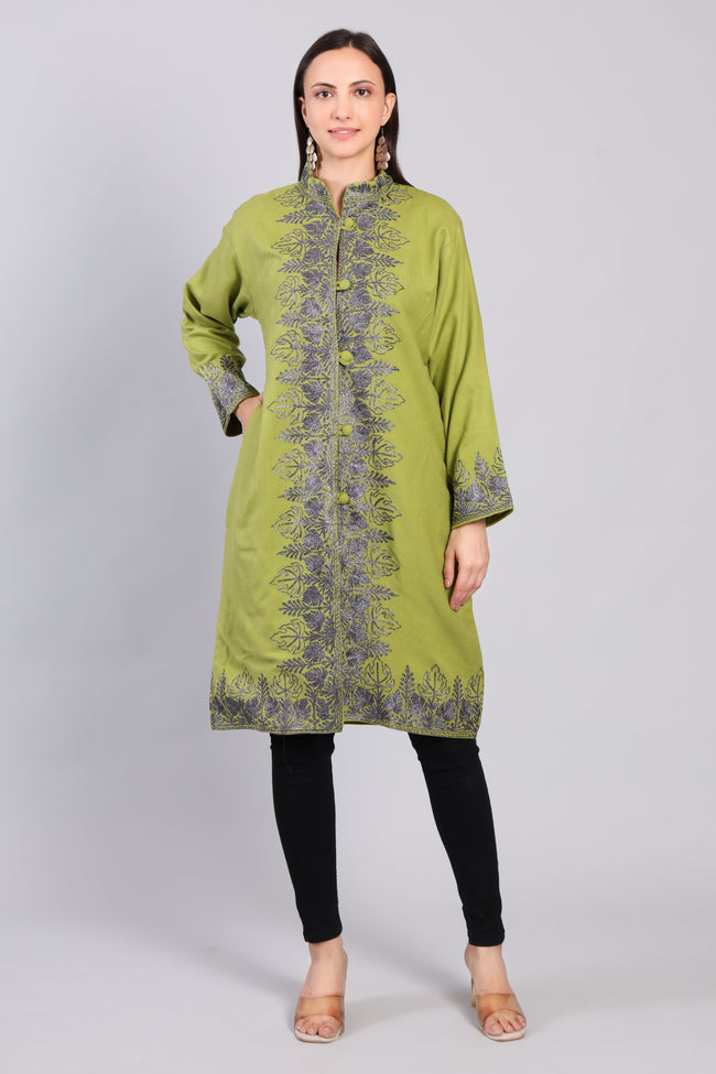 Gul-e-Chinar Olive Green Kashmiri Wool Jacket with Zari Embroidery