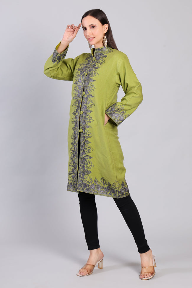 Gul-e-Chinar Olive Green Kashmiri Wool Jacket with Zari Embroidery-Side-1