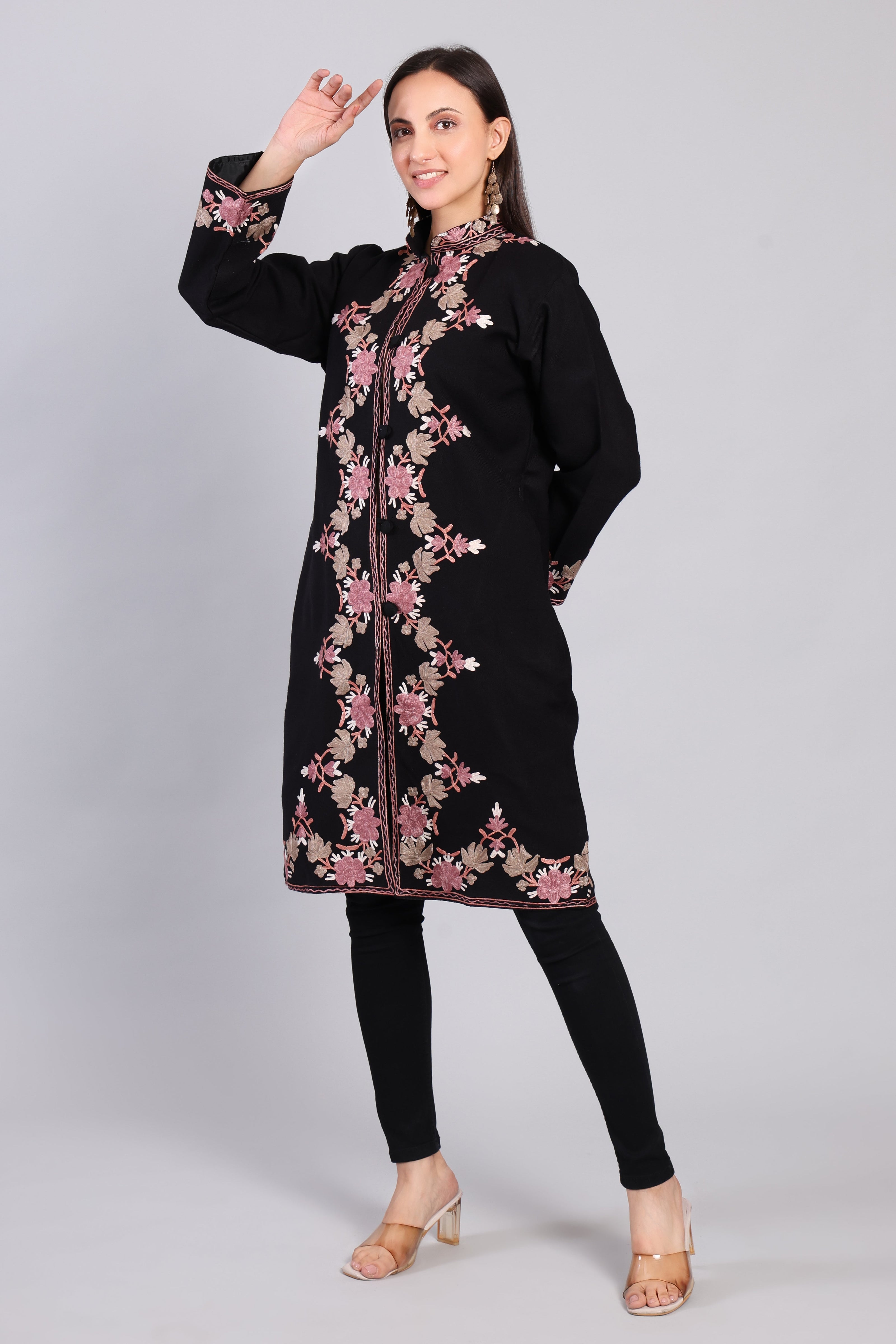 Gulnaar-e-Siyah Black Kashmiri Wool Jacket with Aari Embroidery Side