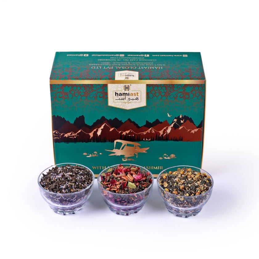 Hamiast Exquisite Green Tea Gift Box: 3 Unique Blends - Shahi Kahwa, Chamomile and, Lavender Green Tea | Ideal for Gifting | Crafted with Love from Kashmir - Hamiast