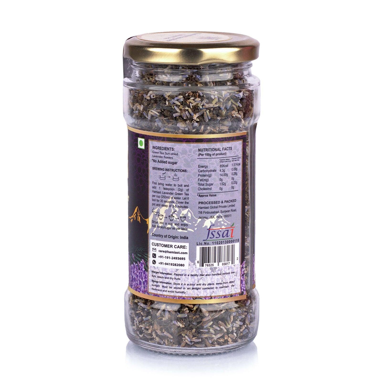 Hamiast Lavender Tea, Premium Kashmir Lavender and Green Tea Blend, Calming Tea for Stress Relief, Good Sleep & Glowing Skin, 100g Serves 50 Cups - Hamiast