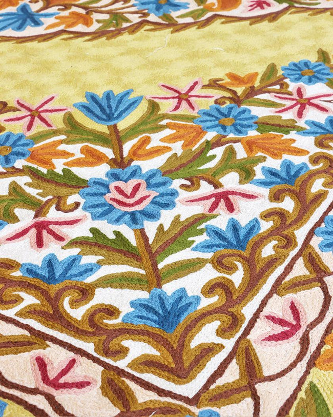 Handmade Kashmiri Chain Stitch Crewel Wool Rug with Floral Embroidery – Golden Base-Closeup