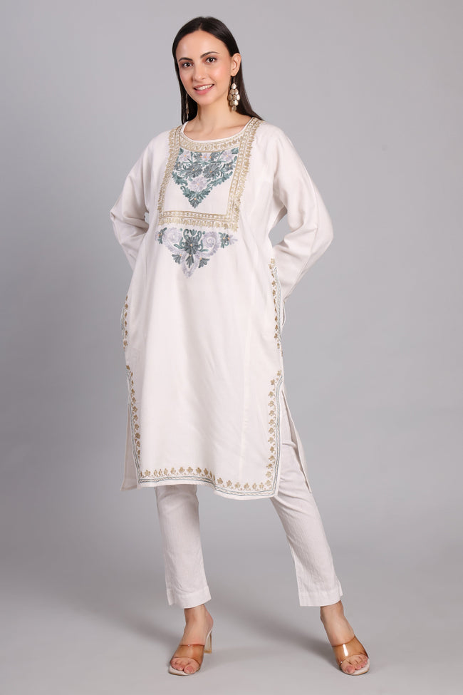 Celestial White Kashmiri Pheran with Aari and Zari Embroidery