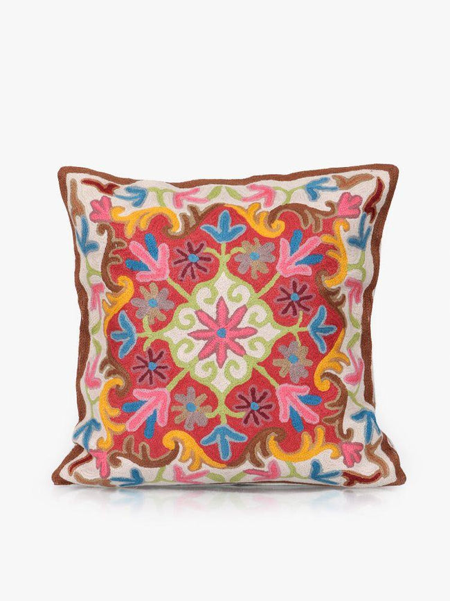 Kashmiri Aviary Flourish: Artisanal Chain Stitch Bird & Bloom Cushion Cover - Hamiast