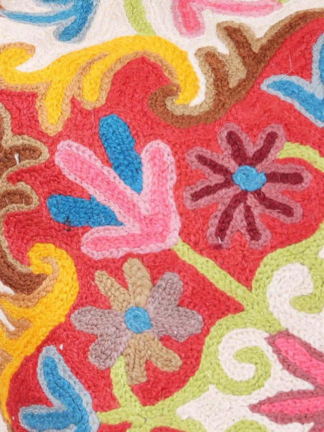 Kashmiri Aviary Flourish: Artisanal Chain Stitch Bird & Bloom Cushion Cover - Hamiast