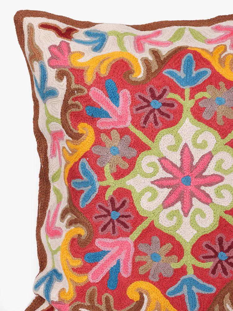 Kashmiri Aviary Flourish: Artisanal Chain Stitch Bird & Bloom Cushion Cover - Hamiast