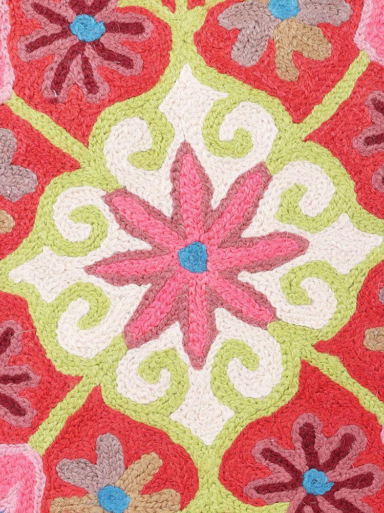 Kashmiri Aviary Flourish: Artisanal Chain Stitch Bird & Bloom Cushion Cover - Hamiast