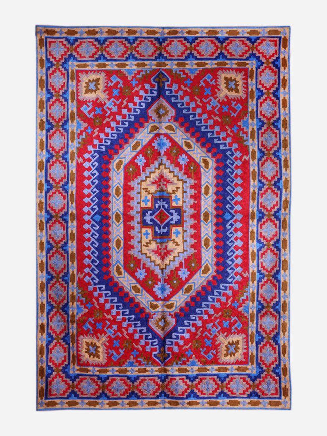 Kashmiri Geometric Majesty Silk Chain Stitch Handmade Rug - Hamiast