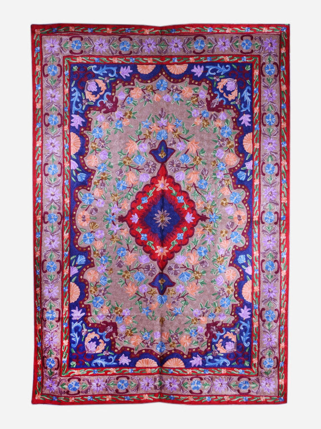Kashmiri Regal Floris Handmade Silk Chain Stitch Rug - Hamiast