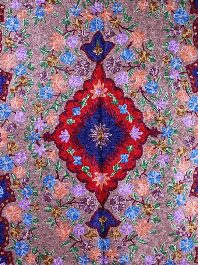 Kashmiri Regal Floris Handmade Silk Chain Stitch Rug - Hamiast