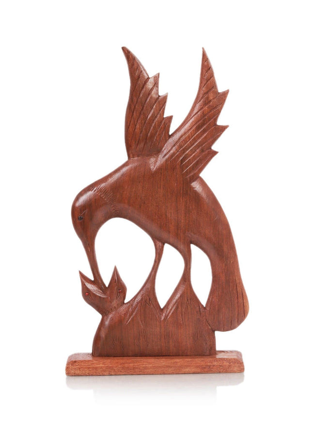 Kashmiri Walnut Wood Sculpture Table Accent – ‘Nurturing Bond’ Bird Feeding Young - Hamiast