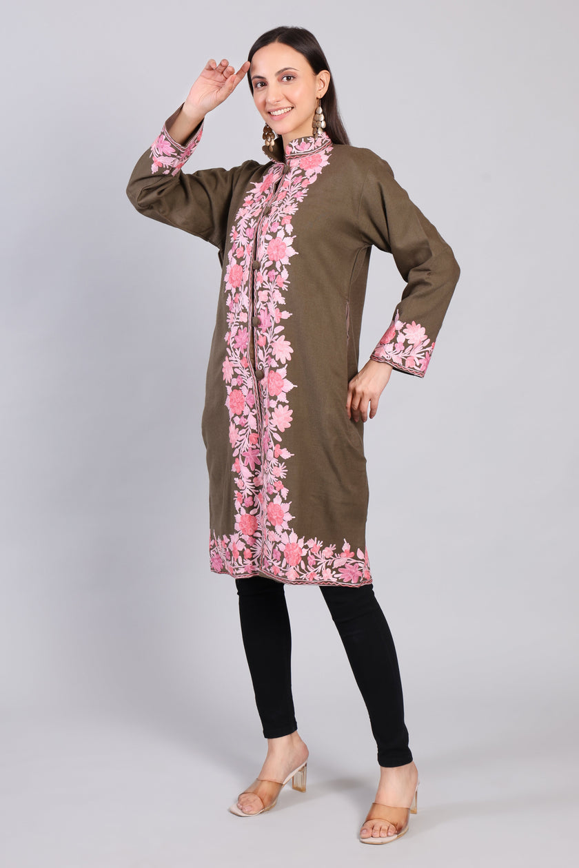 Khaak-e-Gulabi Jacket with Kashmiri Aari Embroidery-Front-left