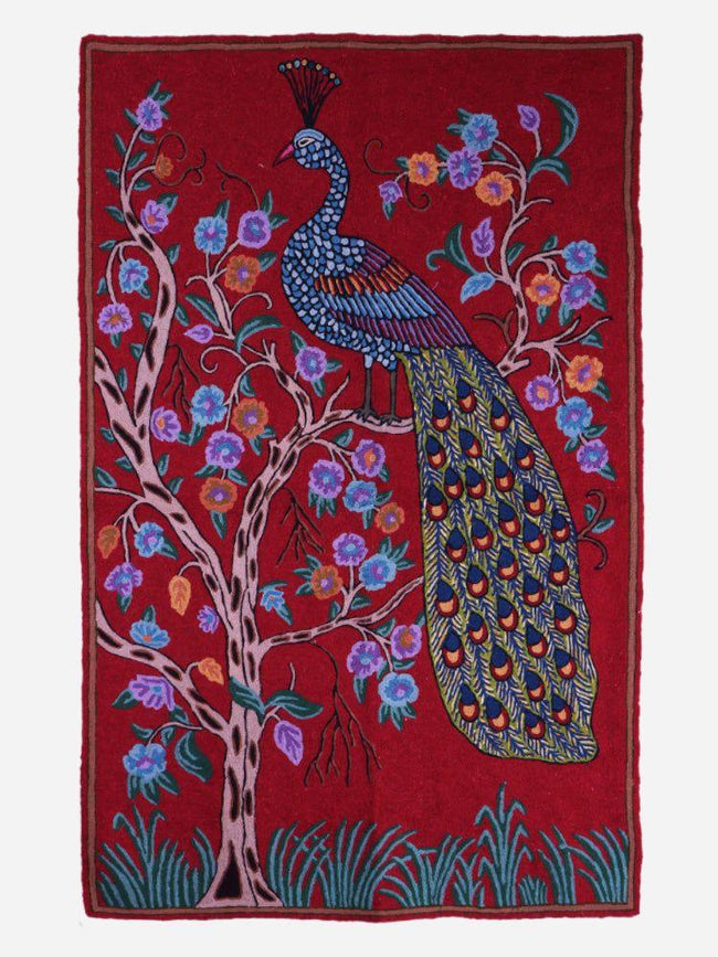 Luxurious Crimson Peacock Aari Kari Wall Hanging – Kashmiri Craftsmanship - Hamiast