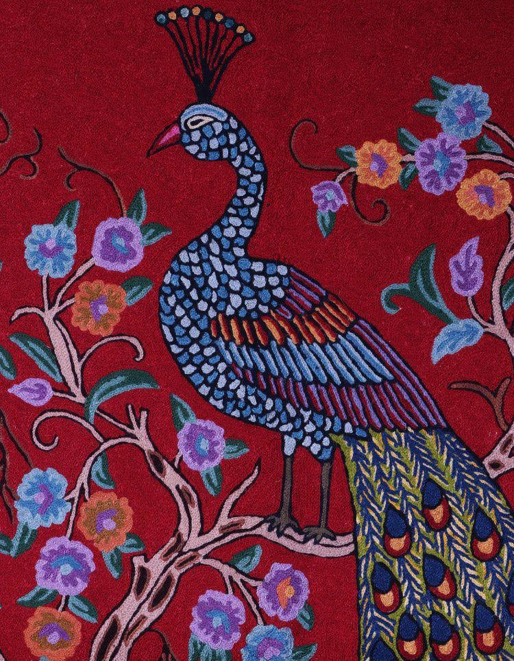 Luxurious Crimson Peacock Aari Kari Wall Hanging – Kashmiri Craftsmanship - Hamiast