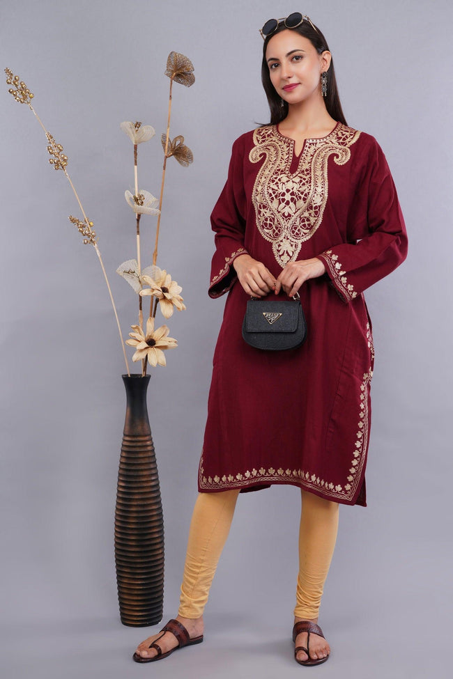 Maroon Oak Pheran with Golden Zari Embroidery - Kashmiri Pheran