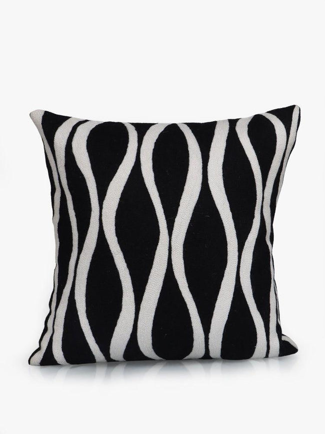 Modern Monochrome Waves Handcrafted Kashmiri Chain Stitch Cushion Cover - Hamiast