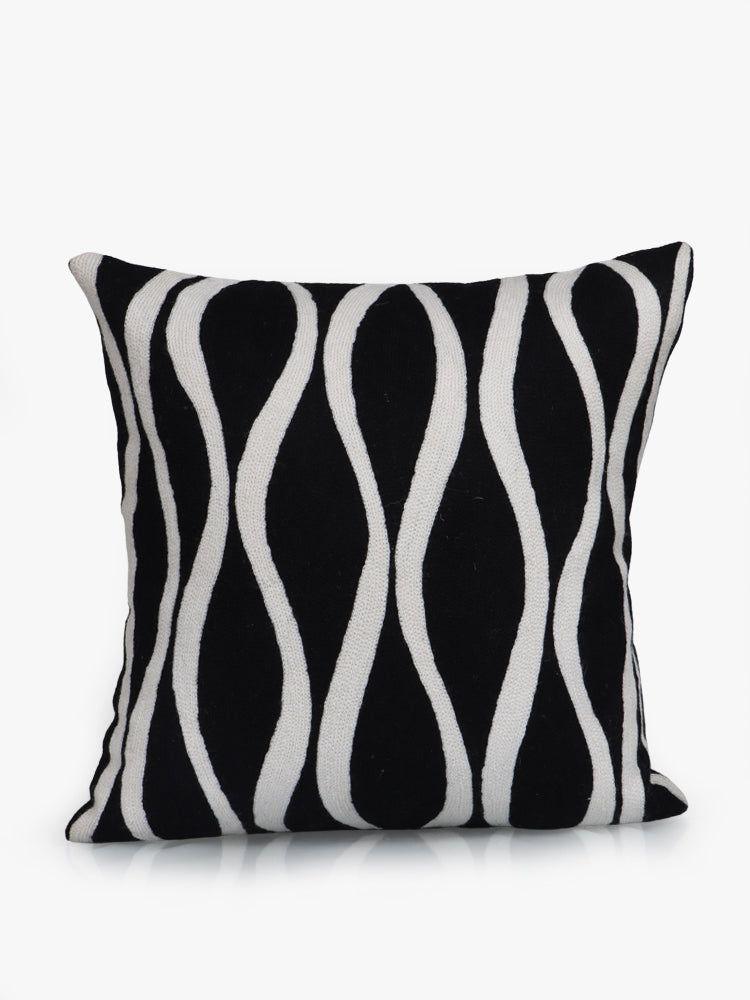 Modern Monochrome Waves Handcrafted Kashmiri Chain Stitch Cushion Cover - Hamiast