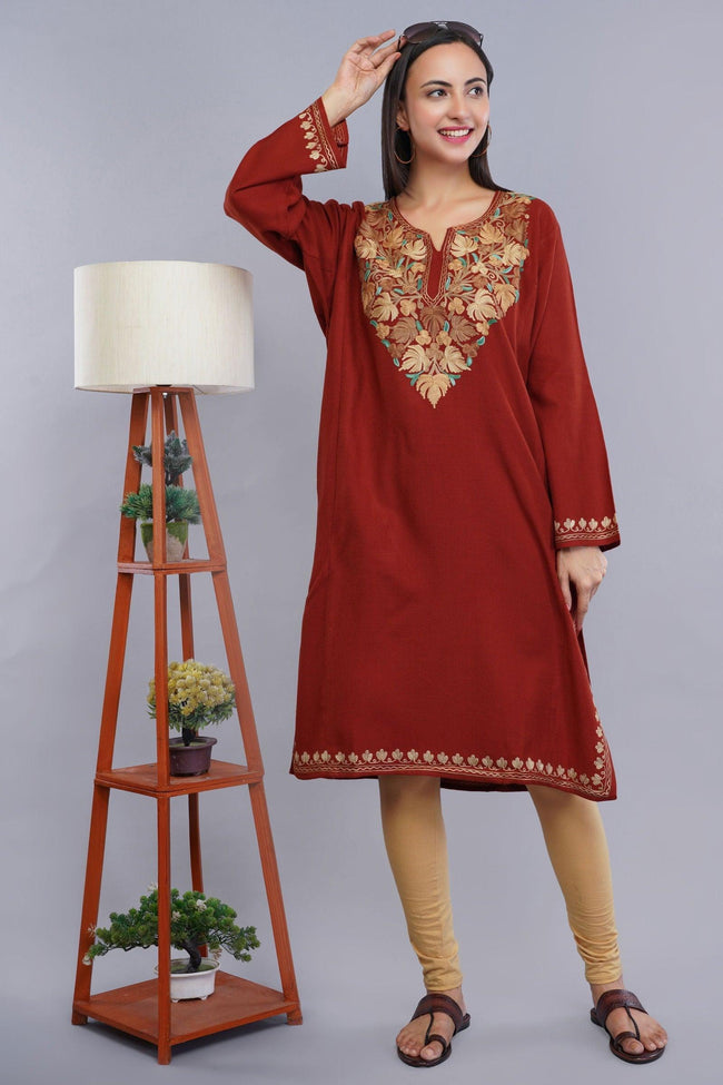 Rust Aari Embroidered Kashmiri Pheran with Light Brown and Summer Green Floral Motifs - Kashmiri Pheran