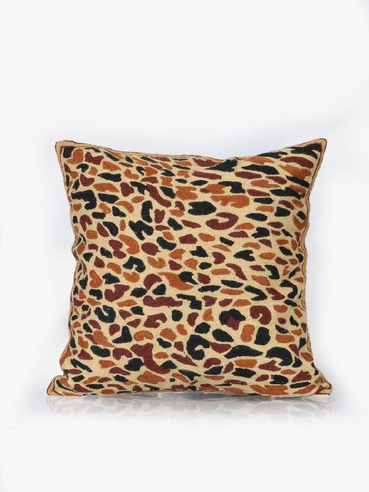 Safari Elegance Handmade Chain Stitch Embroidered Leopard Print Cushion Cover - Hamiast