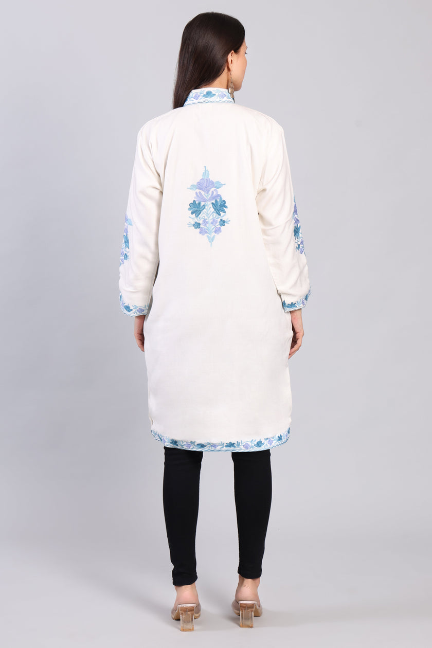 Shabnam-e-Firoza Ivory Kashmiri Wool Jacket with Aari Embroidery-Back