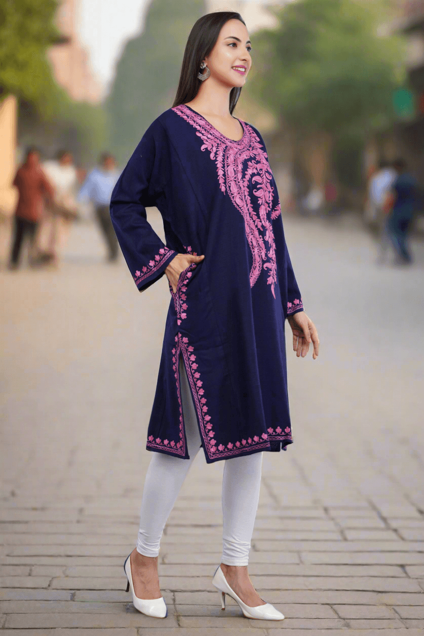 Royal Blue Kashmiri Pheran with Pink Aari Embroidery and Large Paisley Floral Design