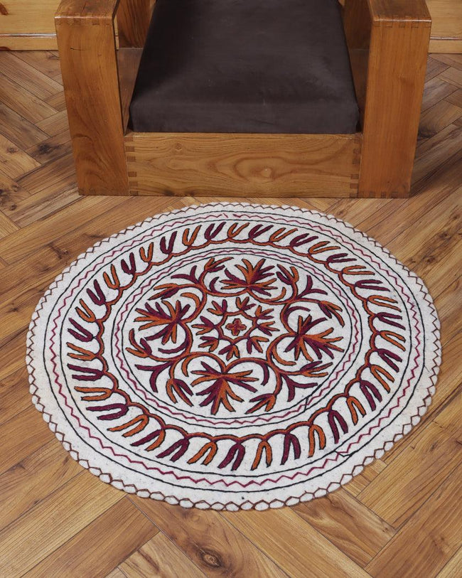 Handcrafted Round Kashmiri Namda Rug – Maroon & Orange Floral Embroidery | Naaz-e-Saltanat