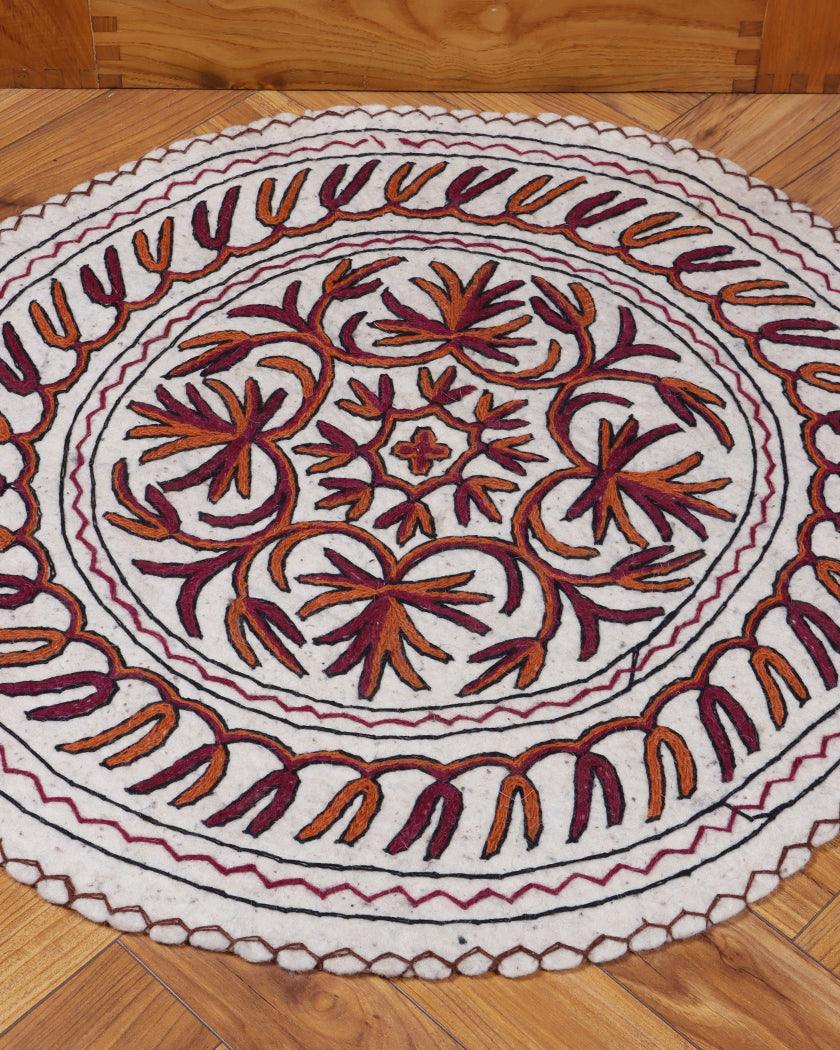 Handcrafted Round Kashmiri Namda Rug – Maroon & Orange Floral Embroidery | Naaz-e-Saltanat