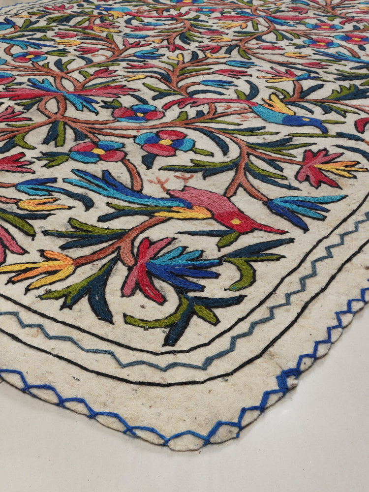 Kashmiri Blossom: Hand-Embroidered Woolen Namda Rug with Vibrant Nature Motifs