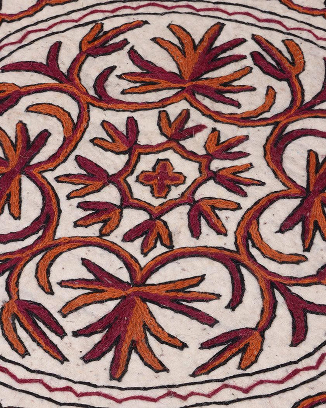Handcrafted Round Kashmiri Namda Rug – Maroon & Orange Floral Embroidery | Naaz-e-Saltanat