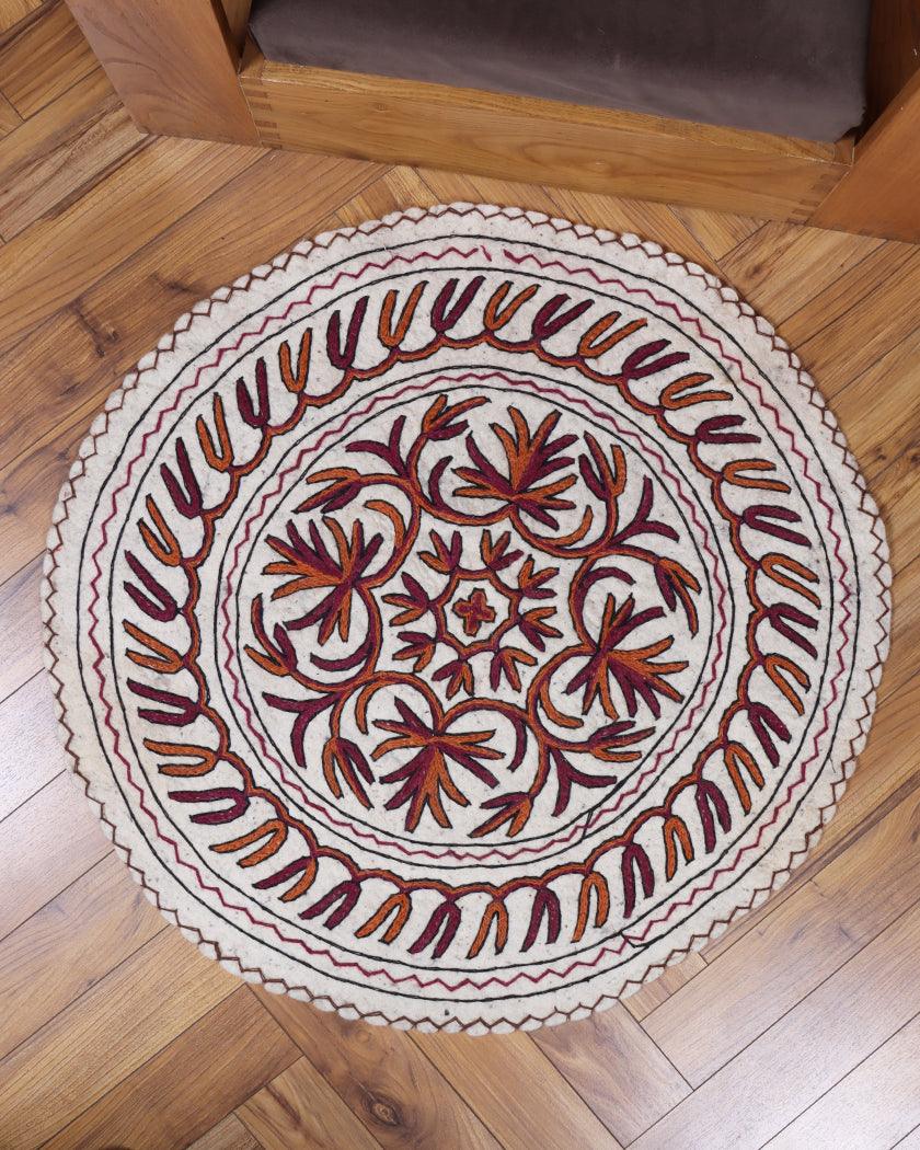 Handcrafted Round Kashmiri Namda Rug – Maroon & Orange Floral Embroidery | Naaz-e-Saltanat