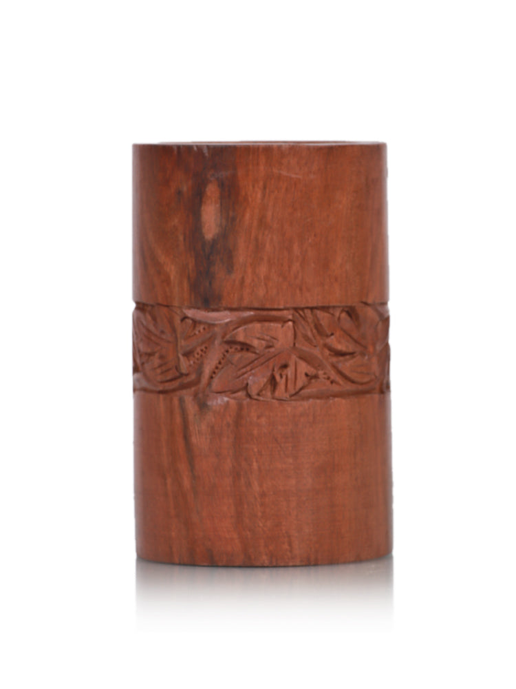 Handmade Walnut Wood Pen Holder with Carved Chinar Motif