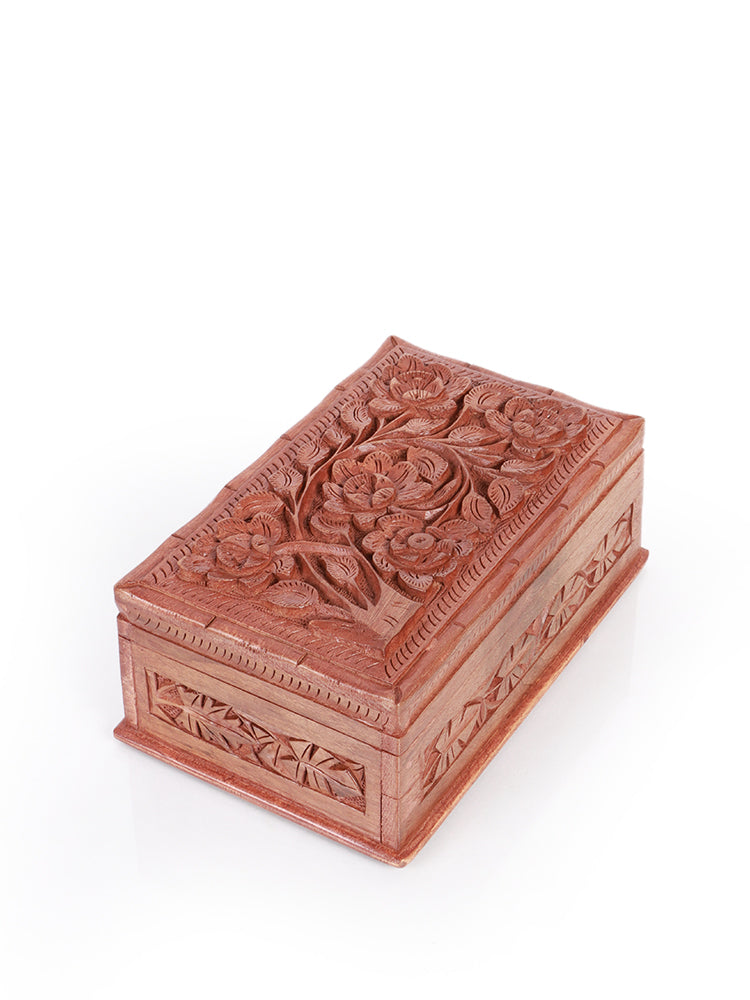 Elegant Handcrafted Walnut Wood Box with Chinar and Floral Carvings