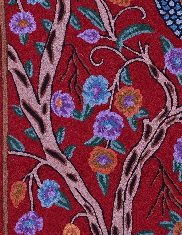 Luxurious Crimson Peacock Aari Kari Wall Hanging – Kashmiri Craftsmanship