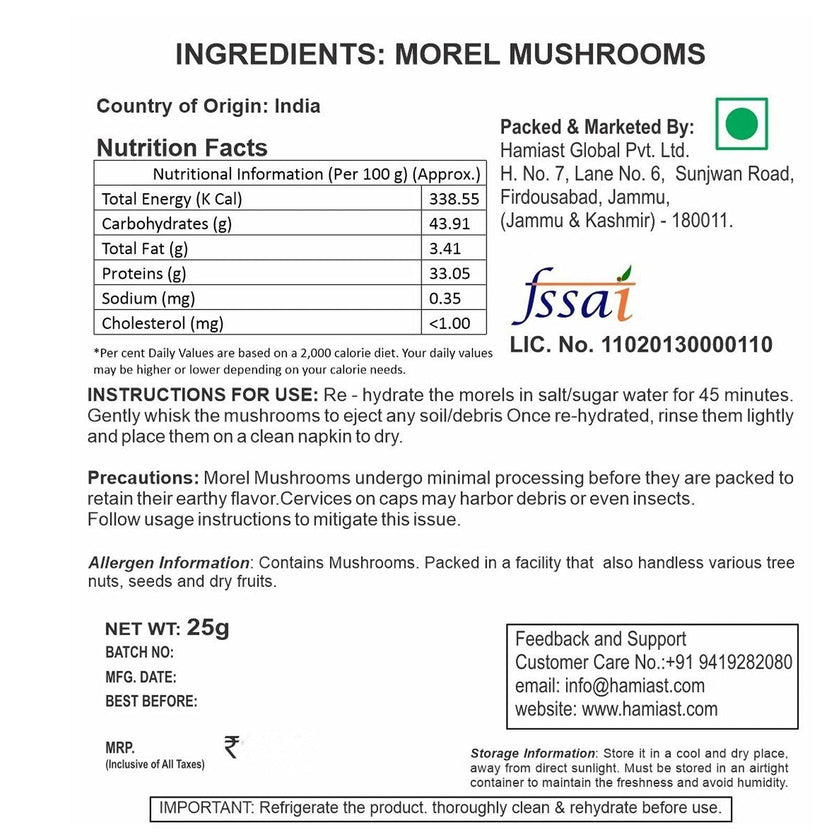 Alif Himalayan, Kashmiri Morel Mushrooms Morchella, Gucchi 25g - Hamiast