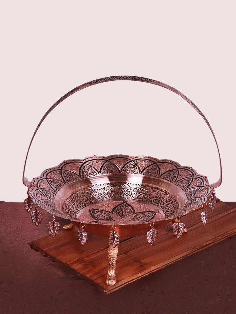 Kandkaari Engraved Kashmiri Copper Fruit Bowel/Basket with Handle - Luxurious Tableware - Hamiast