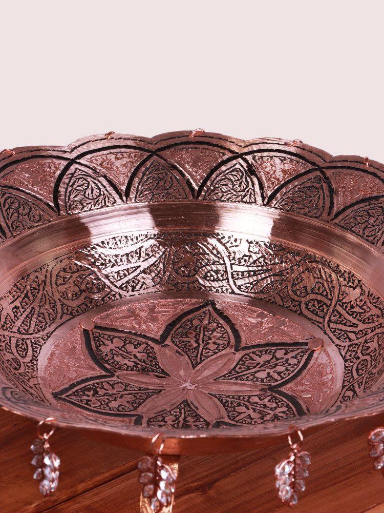 Kandkaari Engraved Kashmiri Copper Fruit Bowel/Basket with Handle - Luxurious Tableware - Hamiast