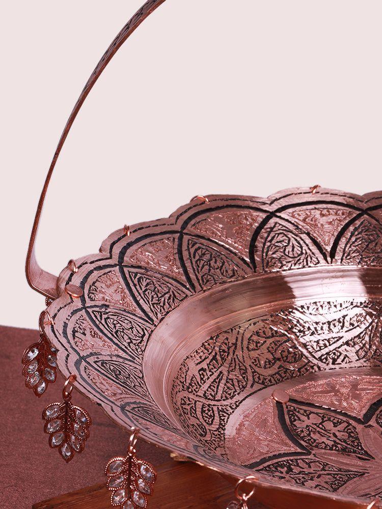 Kandkaari Engraved Kashmiri Copper Fruit Bowel/Basket with Handle - Luxurious Tableware - Hamiast