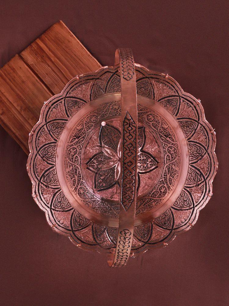 Kandkaari Engraved Kashmiri Copper Fruit Bowel/Basket with Handle - Luxurious Tableware - Hamiast